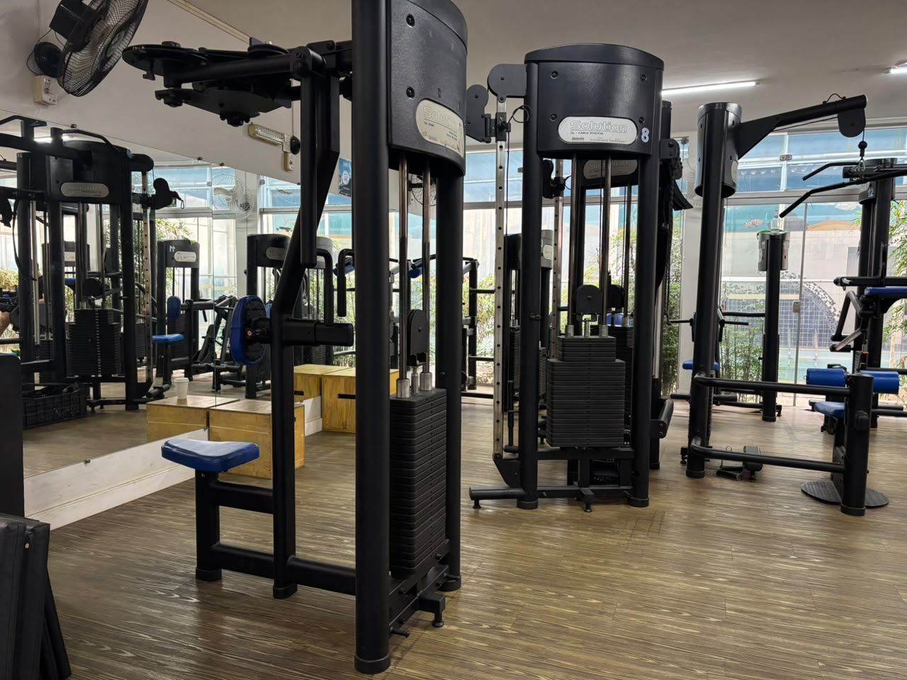 Máquinas de musculação com vista para a piscina